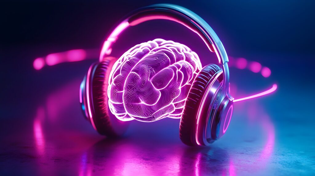 Cerebro iluminado con auriculares, representando la reprogramación mental a través de ondas binaurales.